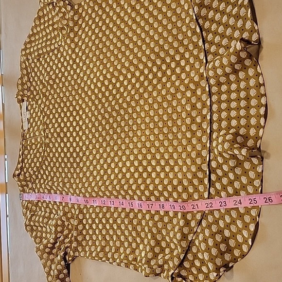 Loft Size M Mustard Brown/Yellow/Green Patterned Long Sleeve Semi-Sheer Blouse - Picture 11 of 14